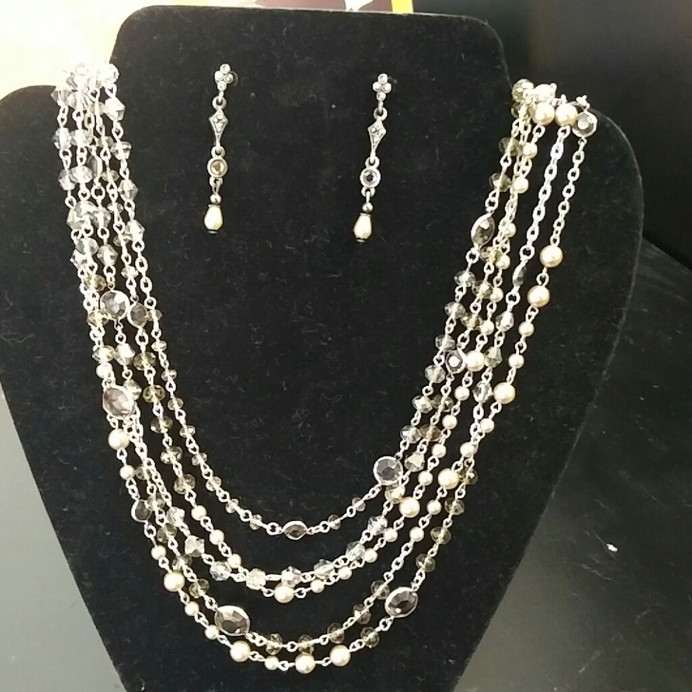 Pearls, Crystal, Silvertone Multi Strand And Marq… - image 1